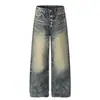 Gd006 High Street Estilo Americano Unisex Jeans de Mezclilla Lavados Vintage con Botones y Diseño de Bigotes de Gato Jeans Holgados para Hombre