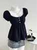 Verão Novo Estilo Coreano Doce Jovem Design de Bolinhas Gola Quadrada Abotoado Cor Sólida Slim Fit Vestido Top Atacado