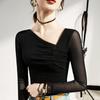 Primavera e Outono Novo Estilo Cross Collar Mesh Top Manga Longa Camisa Base Interna Estilo Europeu Estilo Ocidental Camisa Pequena