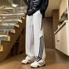 Calça de moletom azul marinho estilo retrô americano resistente para homens, calça esportiva casual listrada moderna para outono e inverno