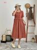 Vestido Curto de Manga Curta Xadrez Cinturado com Cadarço Estilo Artista Novo Verão 2024 Feminino Solto Plus Size Emagrecedor Midi