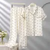 Pijama de Gasa de Algodón de Doble Capa Nuevo 2026 para Mujer, Estilo Primavera y Otoño, Algodón Puro Clase A de Manga Corta y Pantalón Largo, Conjunto de Ropa de Casa de Lujo Ligero