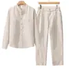 Estilo Old Money Camisa Casual de Tencel y Lino Holgada con Cuello Mao Pantalón Largo para Hombre Conjunto de Cárdigan