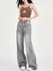 Jeans de Tiro Bajo de Pierna Ancha para Mujer, Nuevo Estilo Vintage Primavera y Otoño 2026, Pantalones Rectos Grises Sueltos para Figuras Pequeñas