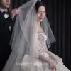 Velo Brillante Nupcial Principal Vestido de Boda Adorno para la Cabeza Estilo Ultra-Hada Perla Celebridad de Internet Atrezo Fotográfico Blanco Crudo Estilo Largo