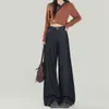 Jeans Feminino Wide Leg de Cintura Alta Azul Escuro em Sarja 2025 Tendência Versátil Novo Outono Inicial Solto Petite Calças
