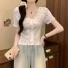 2026 Nuevo Estilo Volantes Cuello en V Lunares Manga Corta Verano para Mujer Corto Ajustado Dulce y Hermoso Top Estilo Francés