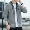 Suéter de tricô com capuz da moda para outono e inverno masculino, forrado com fleece e espessado, cardigã jovem, jaqueta de primavera e outono para homens