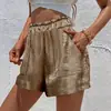 Shorts Metalizados Brilhantes Plissados de Perna Larga para Mulheres, Cintura Elástica Calças Casuais Soltas, Estilo Hot Girl Emagrecedor Versátil Hot Pants