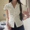 Kaikuo Transfronteiriço Primavera/Verão 2026 Estilo Francês Camisa de Manga Curta com Pregas Patchwork Gola Reversível Versátil Cintura Marcada Emagrecedor Top Estilo College