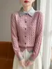 Cardigan de Tricô Gola Polo Lã Fina Outono/Inverno 2026 Manga Longa Feminino Cor Twist Color Block Falso Duas Peças