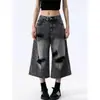 Pantalones de Mezclilla Rasgados de Largo Medio en Negro y Gris para Mujer, Nuevo Estilo Verano 2026, Corte Holgado, Pierna Ancha, Corte Recto, Jeans de Tres Cuartos
