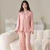 En stock algodón puro reversible raya 40 hilos 200g manga larga pantalón largo conjunto de pijama para mujer ropa de casa de dos piezas se puede usar para salir