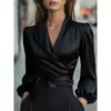 Novo Top Feminino de Cetim com Decote V, Cintura Amarrada, Temperamento - Site Independente da Amazon Europeia e Americana