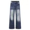 Jeans Retro Americanos Lavados con Onda de Agua Micro-Acampanados para Hombre Azul Profundo Degradado Desgastados con Caída Pierna Ancha Pantalones de Moda