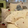 Conjunto de 4 peças Jacquard de Algodão Lavado Renda Estilo Coreano Feminino Cereja Rosa Pequeno Algodão Puro 1,5m 1,8m