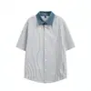 Verano del Sur Disfrazado Retro Americano Moderno Versátil Rayas Bordado Cuello Chal Cardigan Holgado Casual Unisex Camiseta de Manga Corta de Verano
