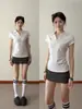 Camiseta Polo de Gola V Estilo Coreano com Ombro Reto para Mulheres, Slim Fit Manga Curta Verão Gola Reversível Simples Versátil Top Esportivo Roupa de Tênis