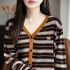 Moda Otoño e Invierno Nueva Elegante Cárdigan de Punto Rayado Cuello Redondo Estilo Coreano Bloqueo de Color Versátil Chaqueta Suéter de Punto para Mujer Tendencia