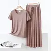 Verão 2025 Novo Estilo Coreano Solto Simples Roupa de Casa Modal Fino Gola Redonda Manga Curta Cintura Alta Calça de Perna Larga conjunto