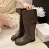 Botas de motocicleta largas de cuero vintage desgastado con hebilla para mujer, nuevo estilo otoño 2025, tacón grueso, botas de trabajo a media pantorrilla
