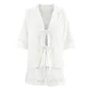 Llegada Nueva Verano 2024 Cardigan Pijama de Algodón y Lino Blanco Conjunto de Dos Piezas Casual Cómodo Mangas Cortas Shorts Ropa para el Hogar para Mujer