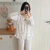 Pijama de otoño nuevo transfronterizo, jersey de doble largo con escote en V de encaje, estilo dulce de princesa para casa, tejido elástico, imitación de algodón