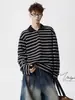 Sudadera de estilo universitario con cuello polo, bloques de color a rayas estilo japonés para hombre, marca de moda de primavera, ajuste holgado, versátil para pareja, manga larga