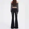 Calça Jeans Flare Estilo Americano Preta e Cinza para Mulheres, Tendência de Inverno Novo Vintage Elástica Slim-Fit Comprimento Total Retro Boca de Sino