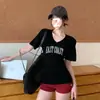 Camiseta de Manga Corta con Cuello en V y Estampado de Letras Estilo Americano para Mujer, Nueva Colección Verano 2025 Estilo Europeo y Americano, Cintura Ajustada, Top Estilo Chica Picante