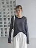 Camiseta listrada para mulheres, novo top de malha fino de outono com gola redonda, top versátil retrô de manga comprida com bloqueio de cores e gola redonda 7786