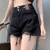 Shorts de mezclilla con doble hebilla para mujer, celebridad de internet, cintura alta, verano, diseño holgado, marca de cuero, negros, pierna ancha A, borde, pantalones cortos hot
