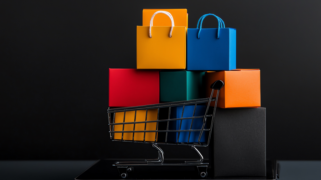Carrinho de compras em miniatura rodeado por caixas e sacolas coloridas em diferentes formatos e tamanhos, representando a variedade de tipos de embalagem personalizada disponíveis para importação da China.