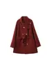Casaco de lã elegante e estiloso vermelho com acinturamento duplo, para mulheres, outono e inverno de 2026, modelo curto para mulheres baixinhas, elegante casaco de lã