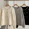 Cárdigan de punto grueso con cuentas, talla grande, ligeramente regordeta, para mujer, primavera y otoño, suelto, corto, cuello redondo, chaqueta suéter, adelgazante para mujeres de talla grande