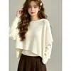 Chal de punto holgado estilo coreano con cuello redondo Top de manga larga holgada para principios de otoño Cubre imperfecciones Adelgazante Blanqueador Prendas de punto versátiles