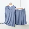 Conjunto casero suelto de verano fino para mujer talla grande, conjunto de dos piezas de camiseta sin mangas de modal con cuello en V y pantalones cortos