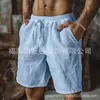 Pantalones cortos de lino para hombre de verano transfronterizos estilo europeo y americano con cordón cintura elástica pantalones cortos de playa de cinco puntos pantalones deportivos casuales para hombre