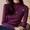 Camiseta Preta Top com Gola Alta e Bordado Pesado Europeu para Mulheres, Estilo Outono e Inverno, Top Versátil de Segunda Pele Justo