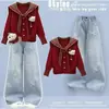 Cardigan de Tricô Chic Estilo Coreano Estilo Acadêmico Gola de Marinheiro Jeans Moderno Tendência Conjunto de Duas Peças Novo Primavera e Outono