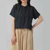 Comercio exterior exportación pedido diario lino puro artístico simple cuello de oreja de madera ligera camisa top de manga corta con temperamento rejuvenecedor para mujer