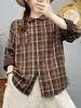 Camisa xadrez de algodão puro, de manga longa, com duas camadas de gaze, modelagem solta, para mulheres, outono, vintage, casual, versátil, modeladora