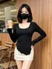 Camiseta de Manga Larga para Mujer, Diseño Irregular de Otoño e Invierno, Top Sexy, Estilo de Nicho, Corte Ajustado, Cuello Redondo, Camiseta para Capas Interiores