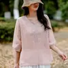 Camisa bordada de algodón y lino con cuello en V, estilo artístico y vintage, camiseta para mujer, top casual de corte holgado, favorecedor y elegante