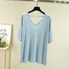 Nova camiseta de verão feminina plus size, gola V, costas abertas, manga curta, blusa base casual solta para casa, top liso estilo coreano