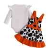 Traje de Halloween para Niñas de Comercio Exterior Top de Color Sólido con Mangas Abullonadas Overol con Estampado de Vaca y Calabaza Diadema Juego de Tres Piezas