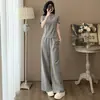 Artículos en stock Conjunto deportivo casual de alta gama estilo europeo para mujer, verano, corte ajustado, top de manga corta, pantalones de pierna ancha, conjunto de dos piezas #942