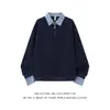 Sudadera con Capucha de Estilo Americano de Moda de Alta Inteligencia Falsa de Dos Piezas Cuello Polo Media Cremallera Ajuste Limpio para Hombre Top Casual para Viajar