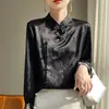 Verano Nuevo Estilo Camisa de Satén de Seda de Morera con Cuello Camisero Estilo Chino Manga Larga Versátil Moda Casual Top Prendas de Punto