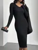 Vestido de Punto Ajustado de Manga Larga con Cuello en V, Nuevo Estilo Europeo y Americano, Color Sólido, Canalé de Lana, Vestido Básico Largo para Otoño e Invierno